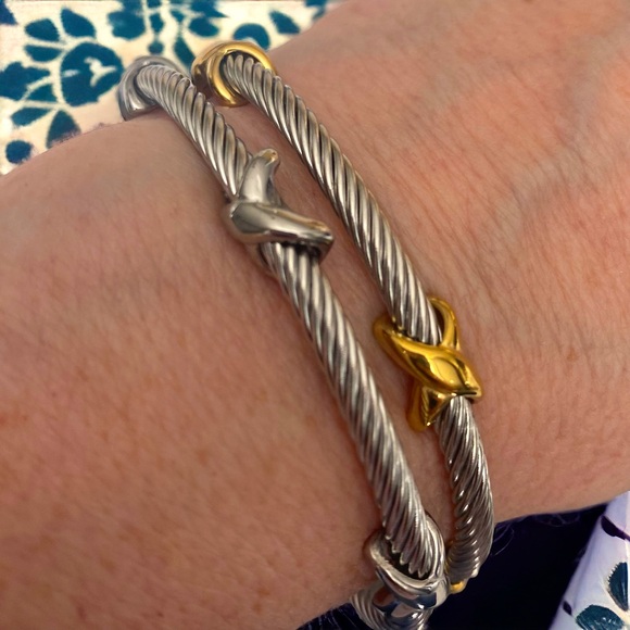 GOLD & SILVER PLATED TITANIUM STEEL ROPE CUFF BRACELETS WITH “X” DETAILS - Picture 4 of 12